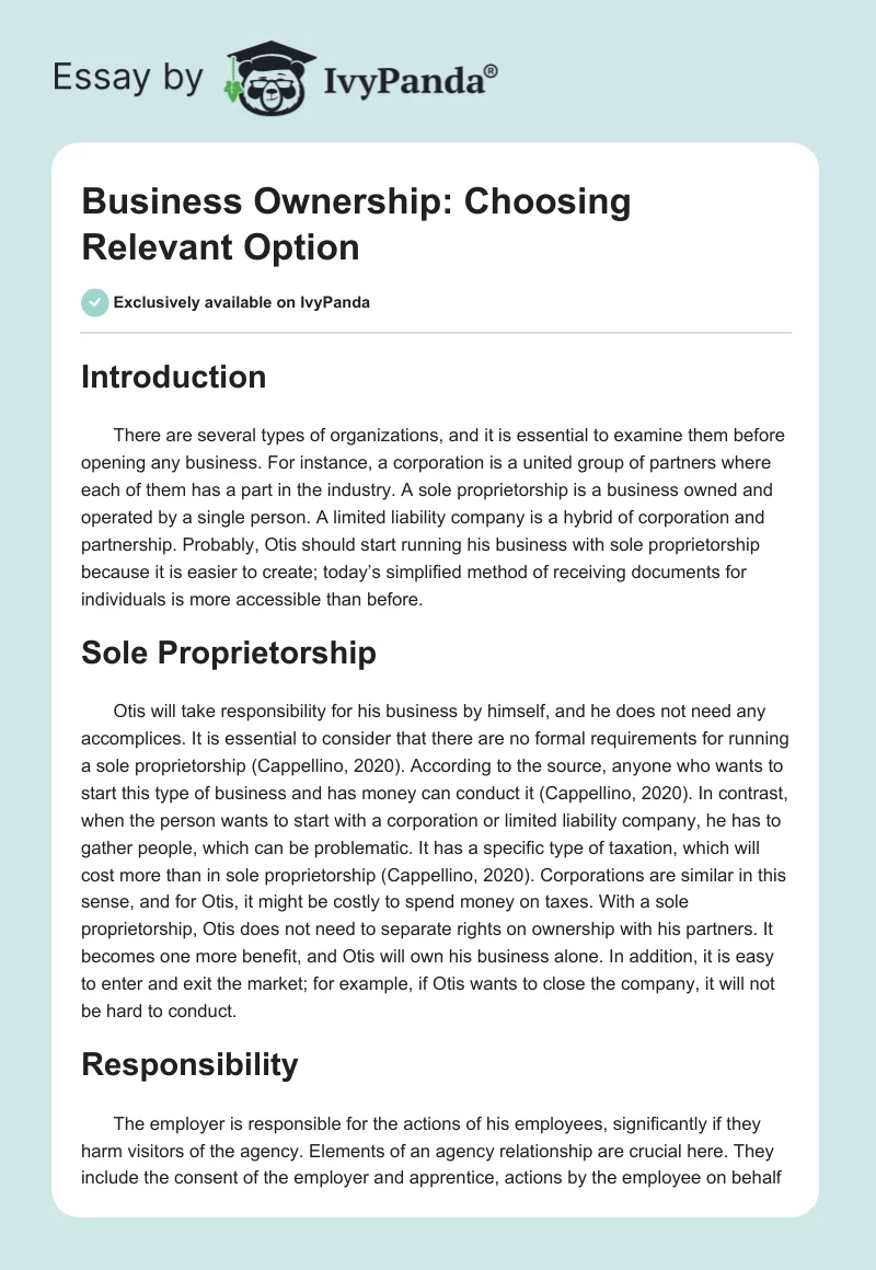 Business Ownership: Choosing Relevant Option. Page 1