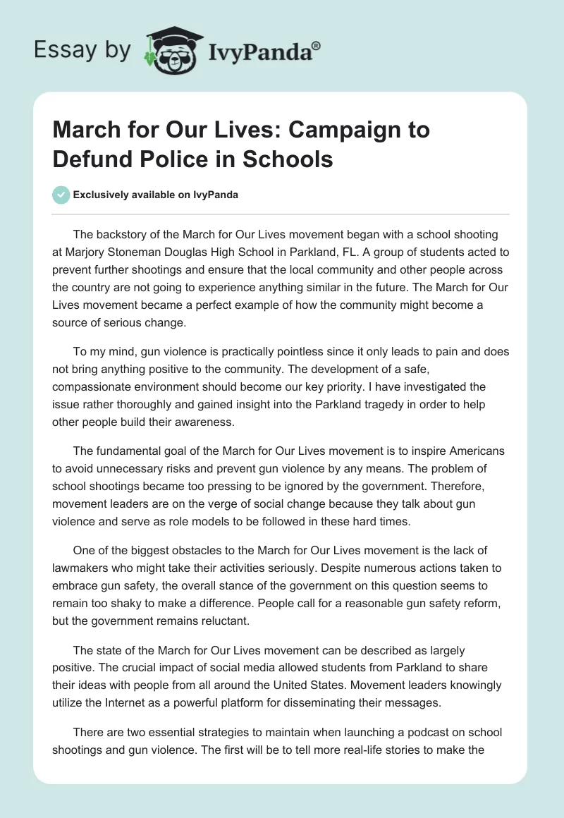 March for Our Lives: Campaign to Defund Police in Schools. Page 1