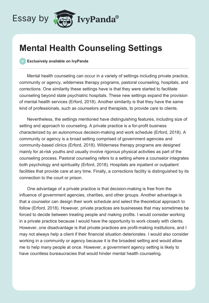 Mental Health Counseling Settings. Page 1
