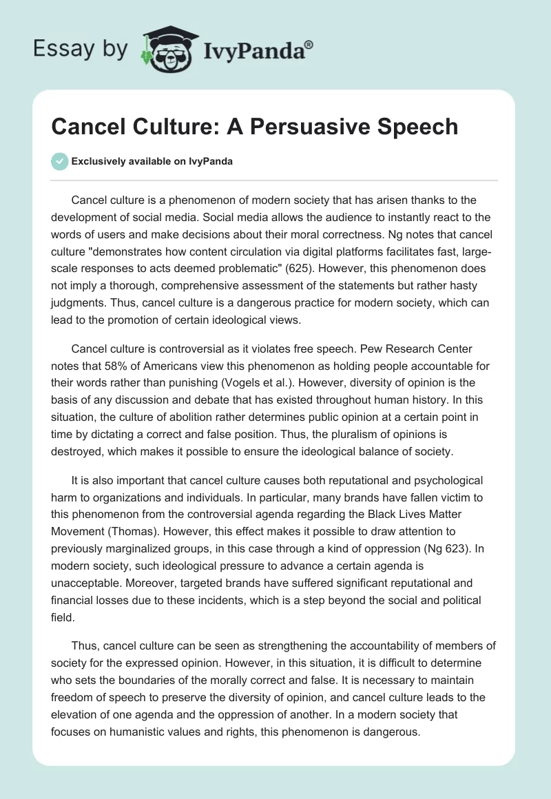 Cancel Culture: A Persuasive Speech. Page 1
