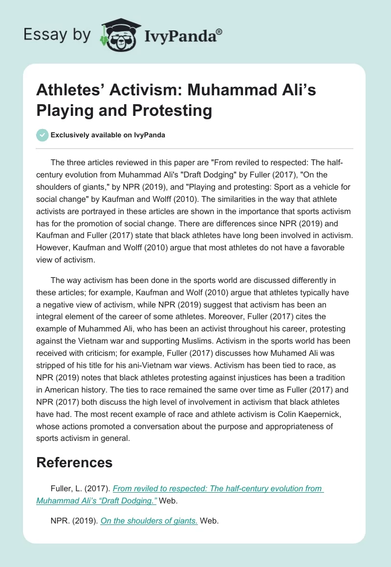 Athletes’ Activism: Muhammad Ali’s Playing and Protesting. Page 1