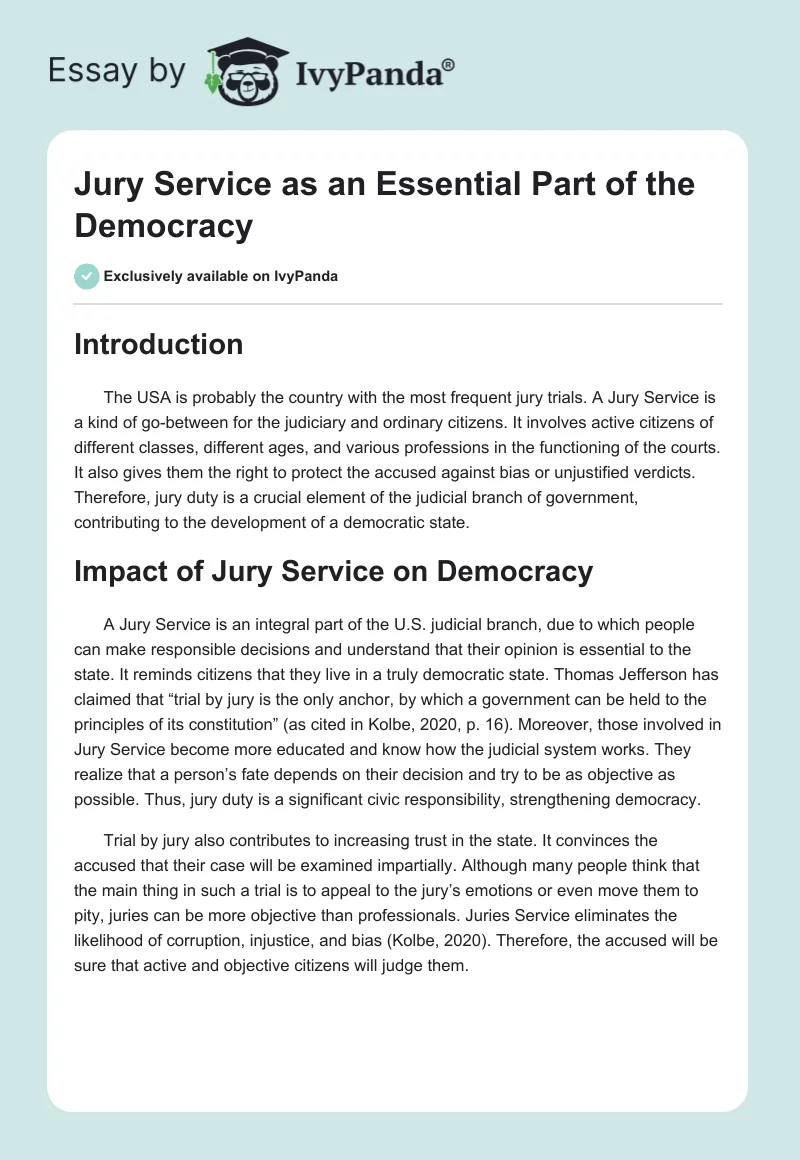 Jury Service as an Essential Part of the Democracy. Page 1