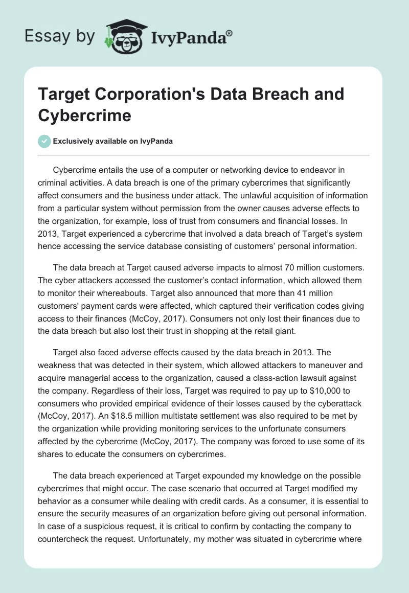 Target Corporation's Data Breach and Cybercrime. Page 1