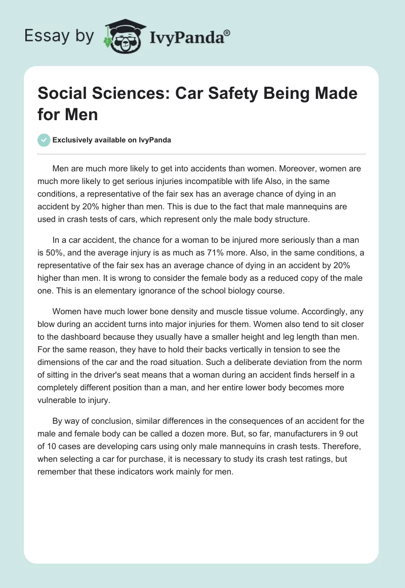 Social Sciences: Car Safety Being Made for Men. Page 1