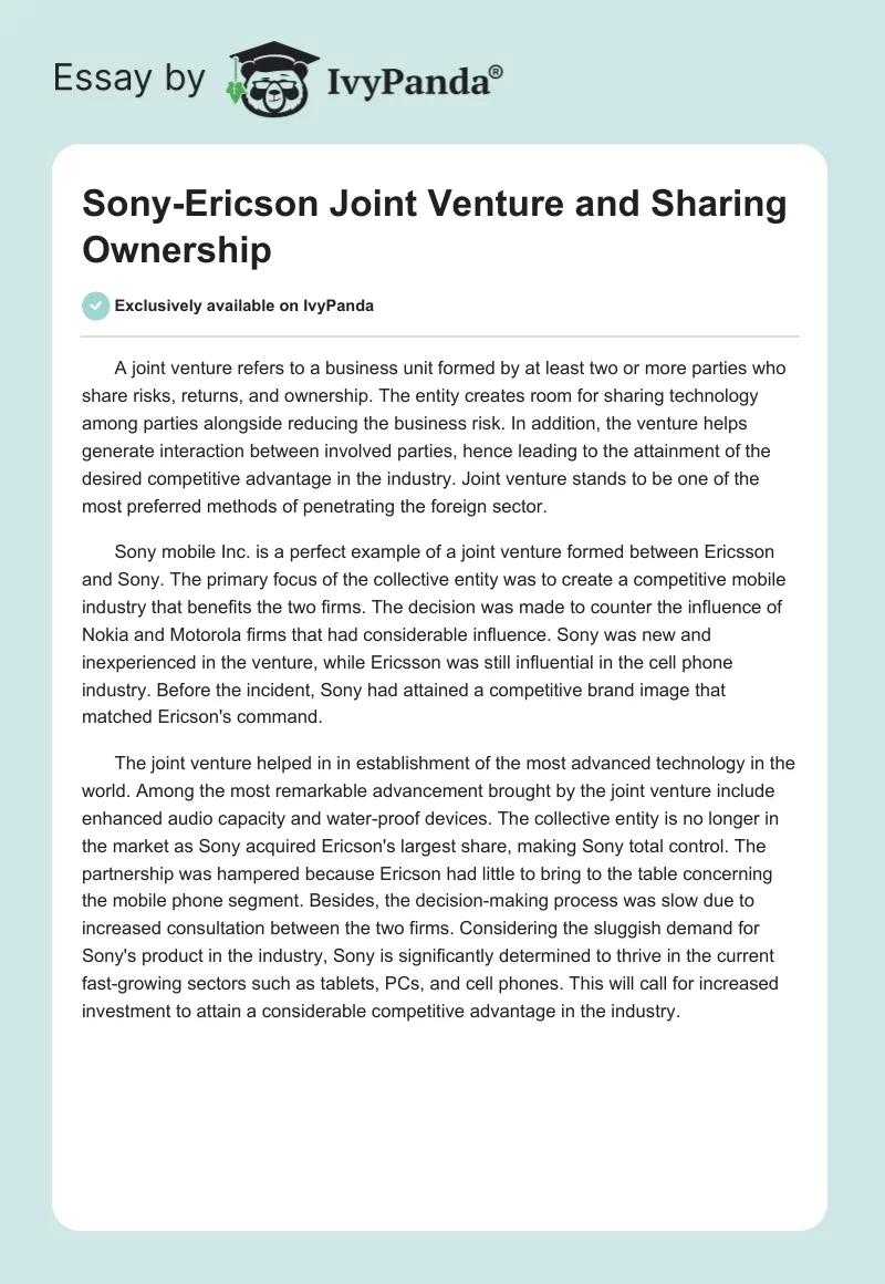 Sony-Ericson Joint Venture and Sharing Ownership. Page 1