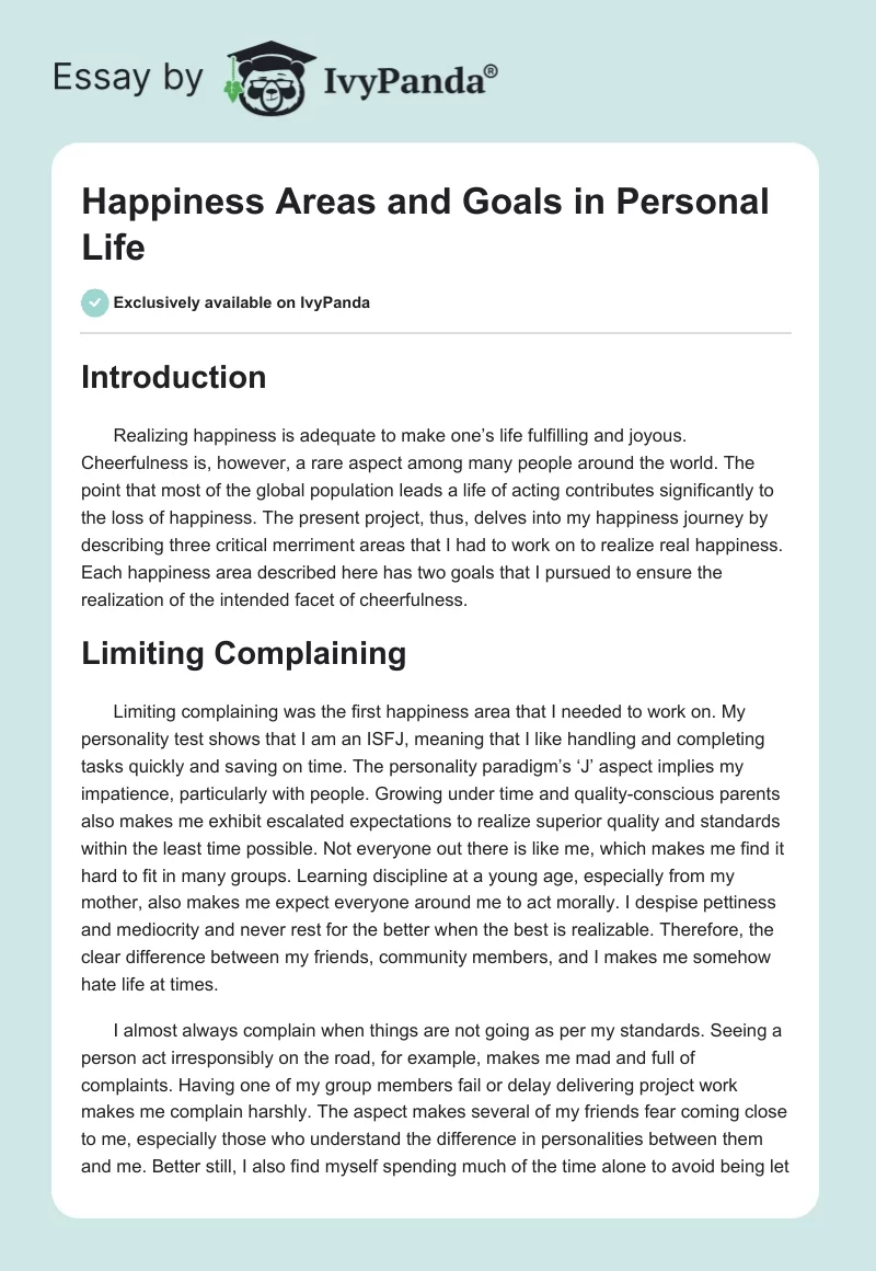 Happiness Areas and Goals in Personal Life. Page 1