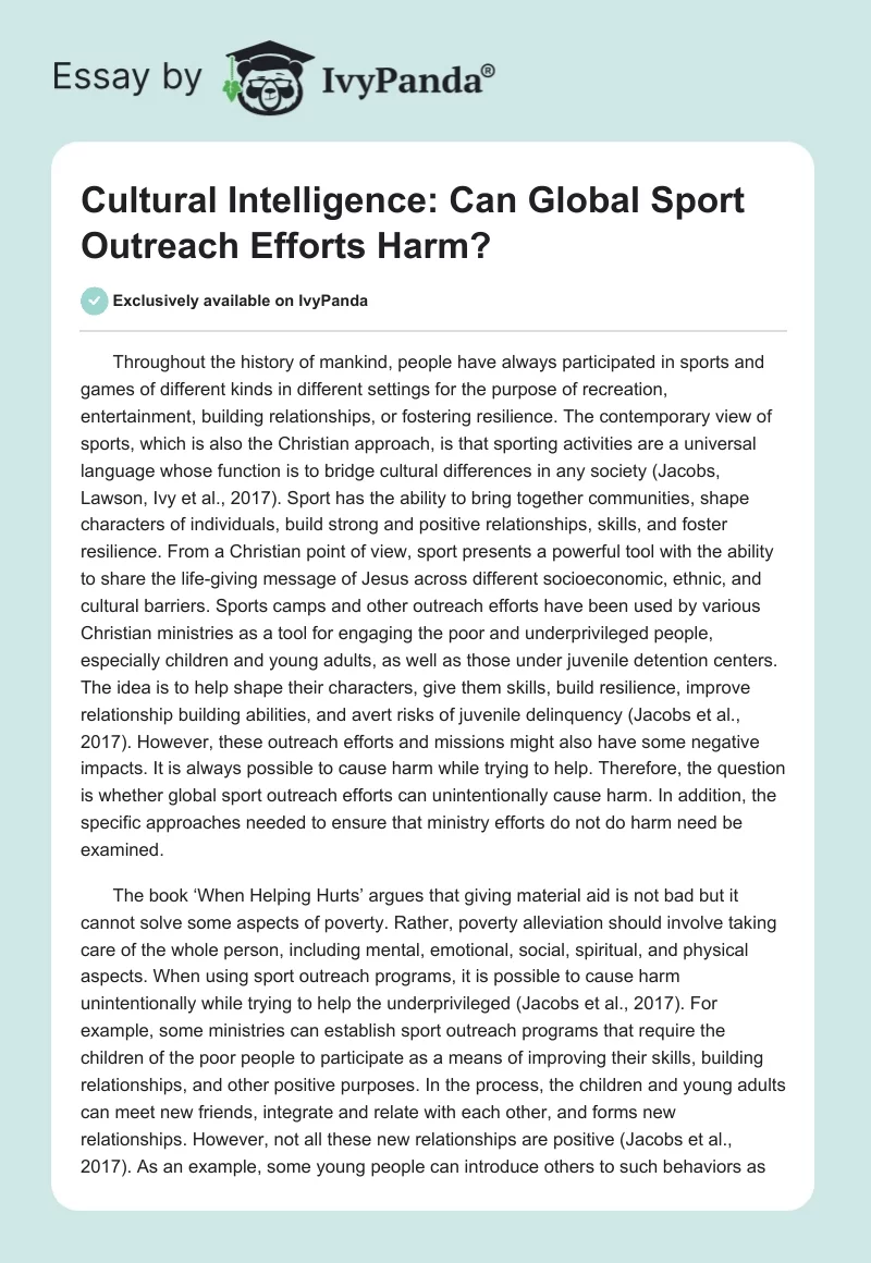 Cultural Intelligence: Can Global Sport Outreach Efforts Harm?. Page 1
