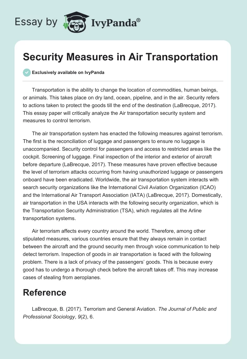 Security Measures in Air Transportation. Page 1