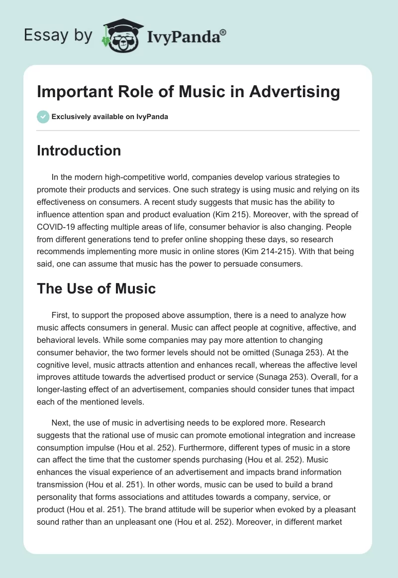 Important Role of Music in Advertising. Page 1