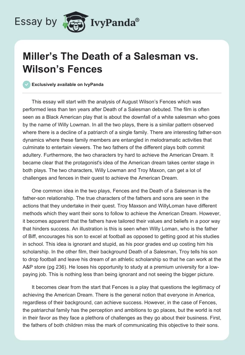Miller’s Death of a Salesman vs. Wilson’s Fences. Page 1