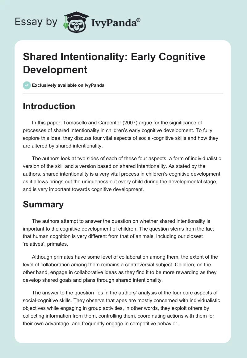 Shared Intentionality: Early Cognitive Development. Page 1