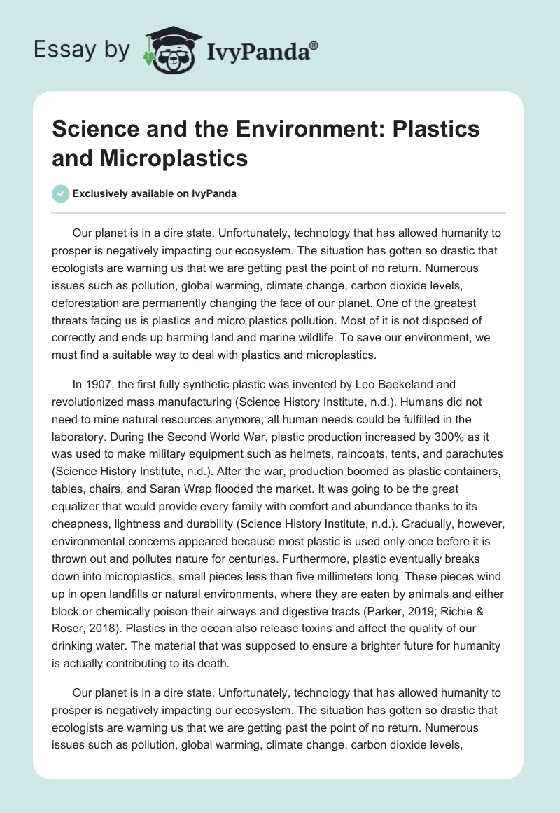 Science and the Environment: Plastics and Microplastics. Page 1