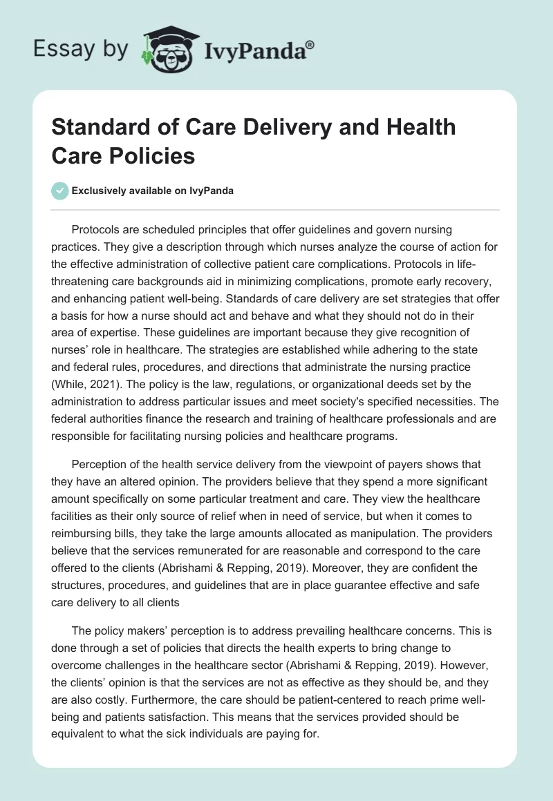 Standard of Care Delivery and Health Care Policies. Page 1