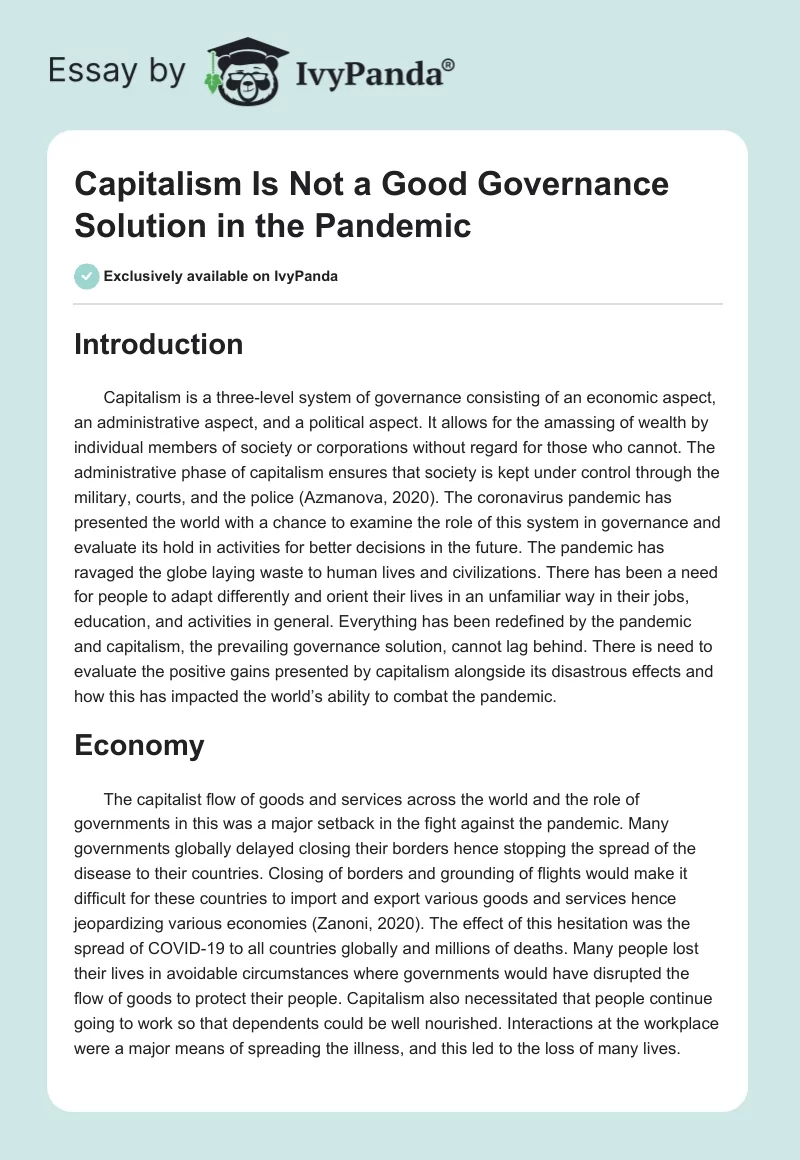 Capitalism Is Not a Good Governance Solution in the Pandemic. Page 1