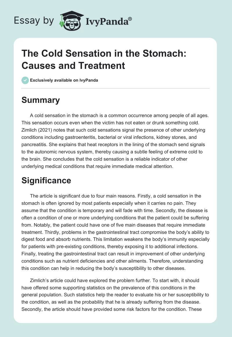 The Cold Sensation in the Stomach: Causes and Treatment. Page 1