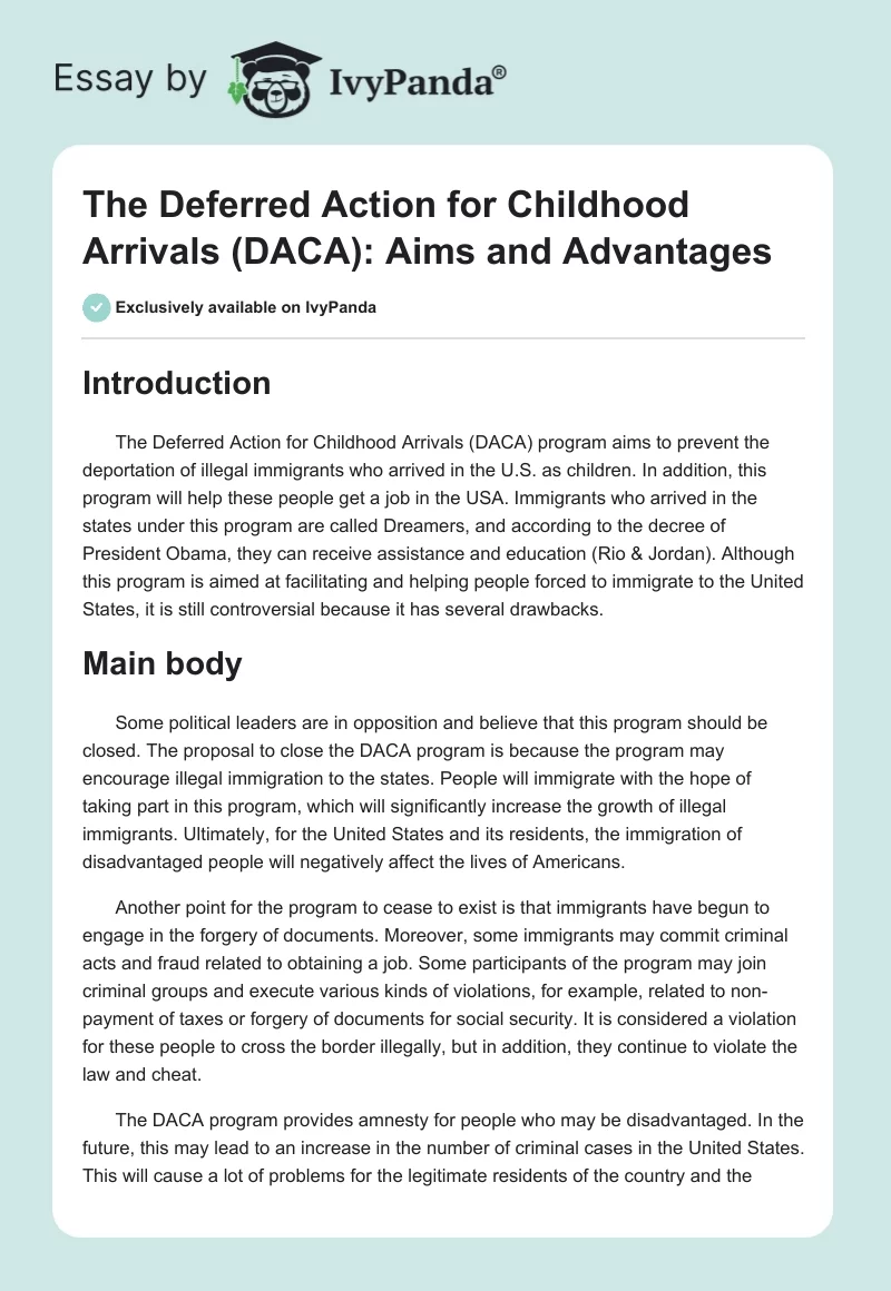 The Deferred Action for Childhood Arrivals (DACA): Aims and Advantages. Page 1
