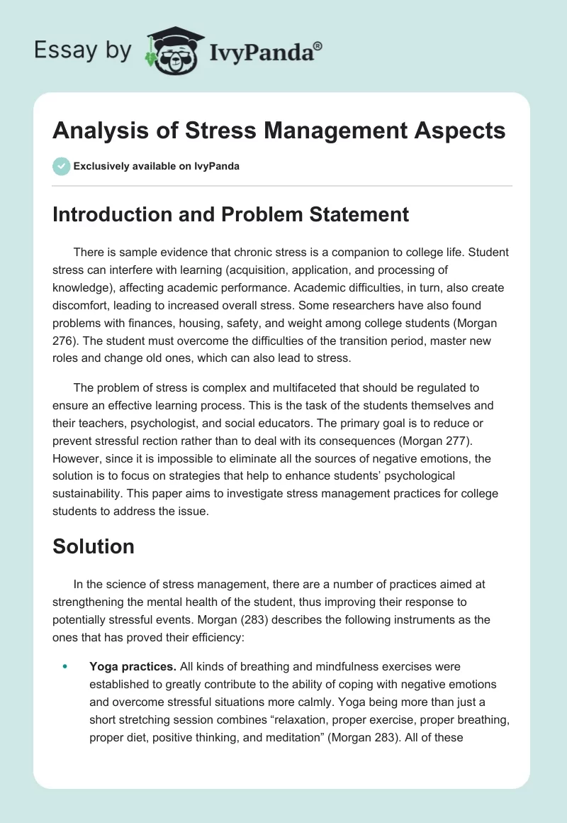 Analysis of Stress Management Aspects. Page 1