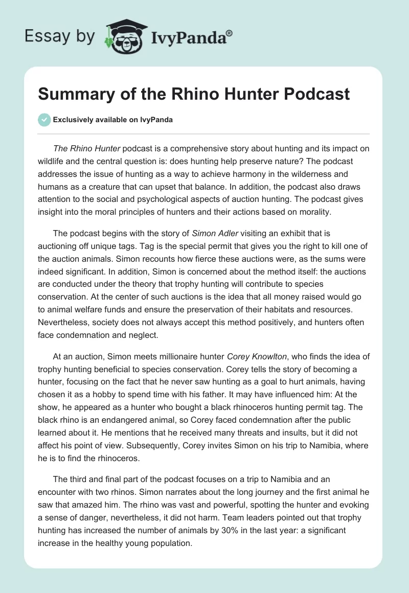 Summary of the Rhino Hunter Podcast. Page 1