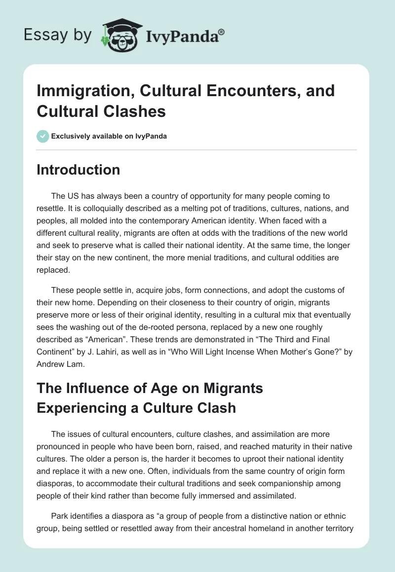 Immigration, Cultural Encounters, and Cultural Clashes. Page 1