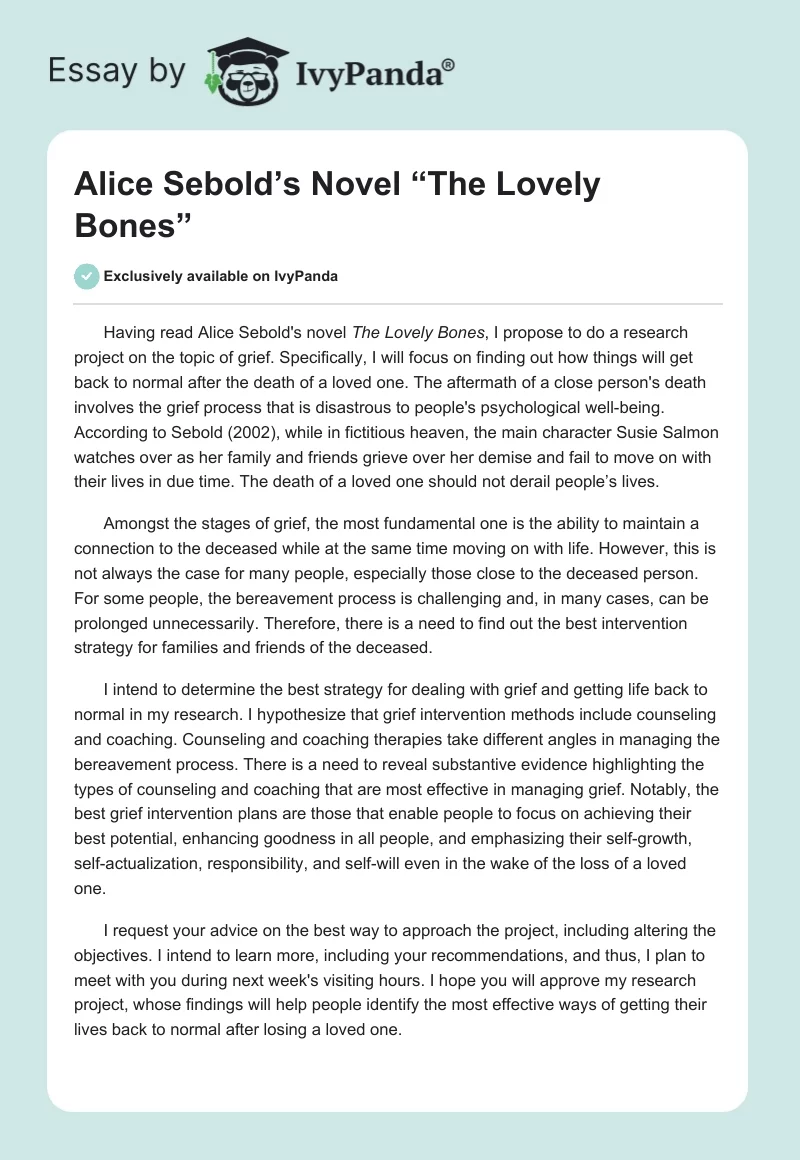 Alice Sebold’s Novel “The Lovely Bones”. Page 1