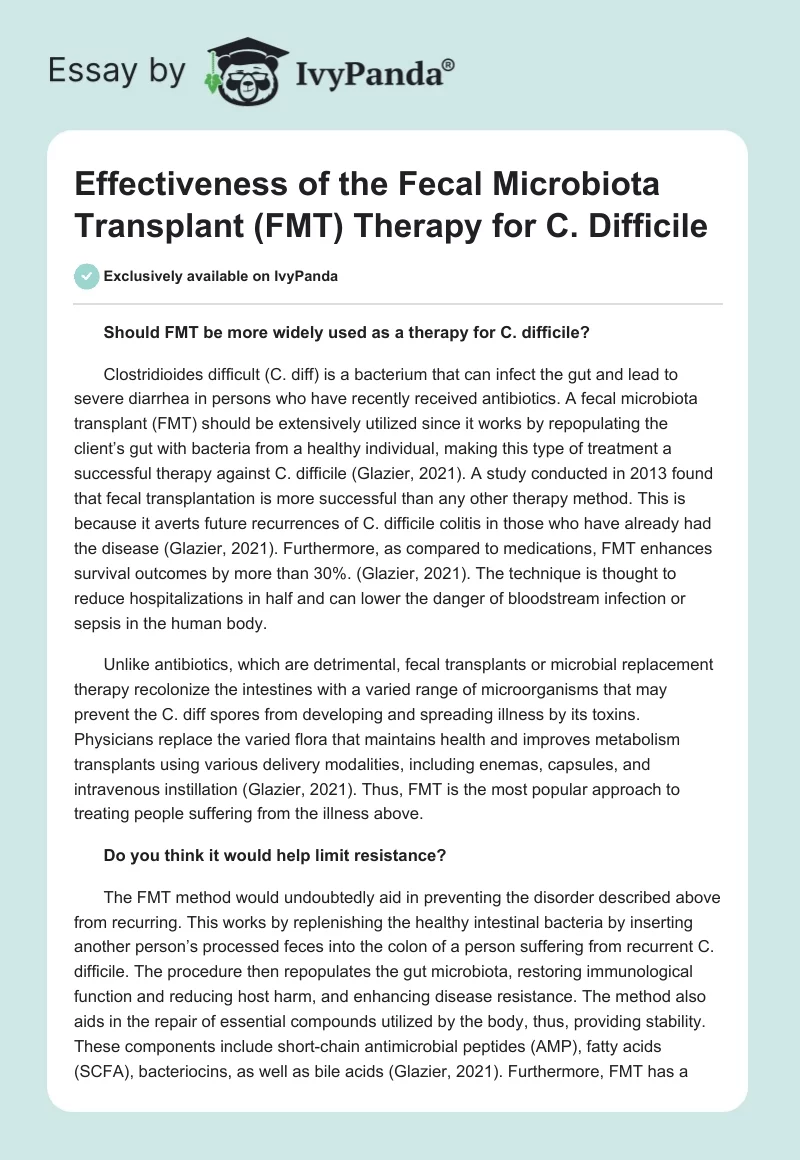 Effectiveness of the Fecal Microbiota Transplant (FMT) Therapy for C. Difficile. Page 1