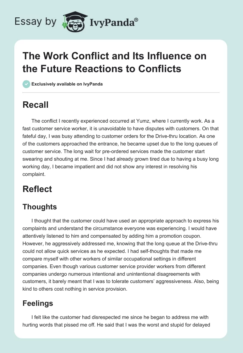 The Work Conflict and Its Influence on the Future Reactions to Conflicts. Page 1