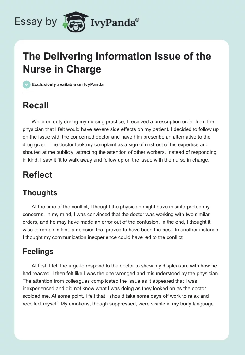 The Delivering Information Issue of the Nurse in Charge. Page 1