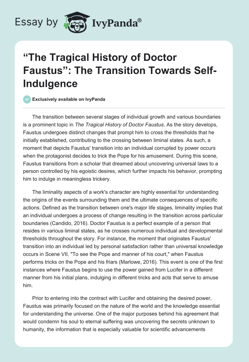 “The Tragical History of Doctor Faustus”: The Transition Towards Self-Indulgence. Page 1