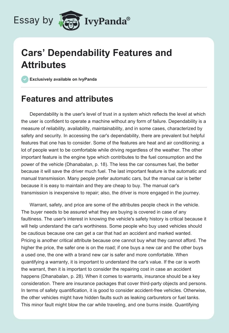 Cars’ Dependability Features and Attributes. Page 1