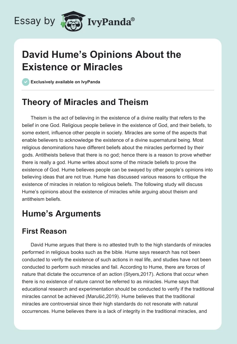 David Hume’s Opinions About the Existence or Miracles. Page 1