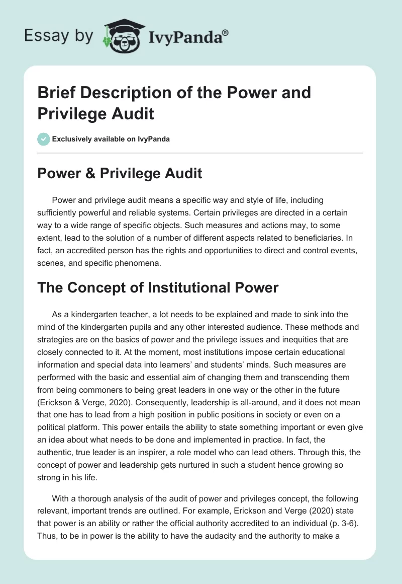 Brief Description of the Power and Privilege Audit. Page 1