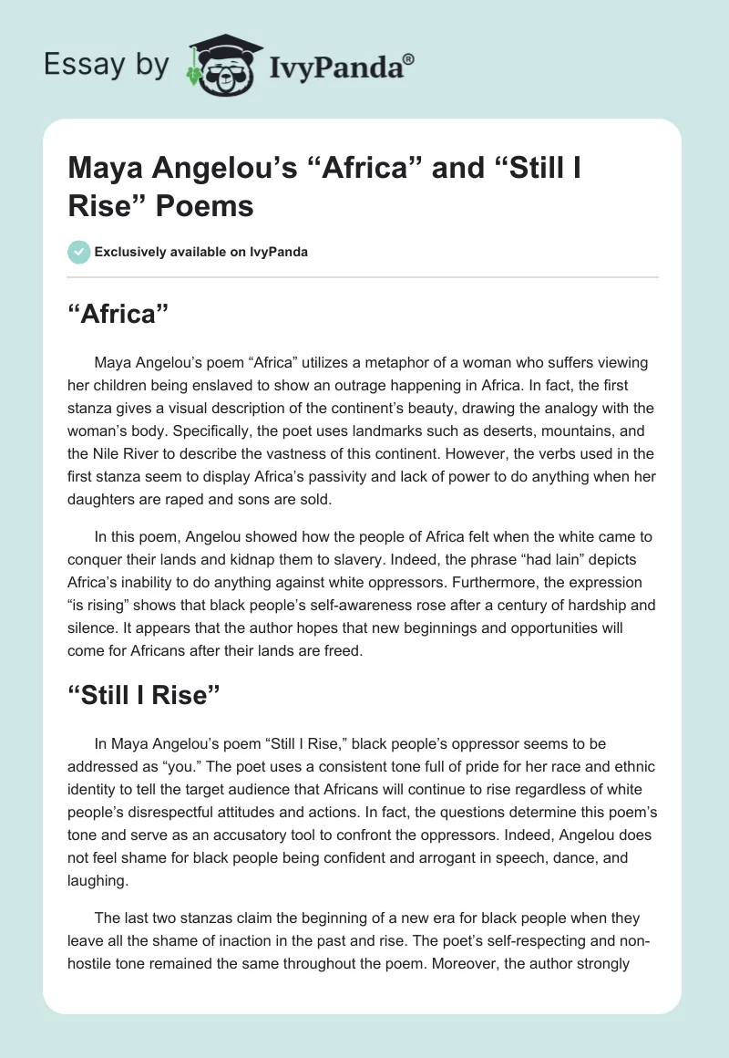Maya Angelou’s “Africa” and “Still I Rise” Poems. Page 1