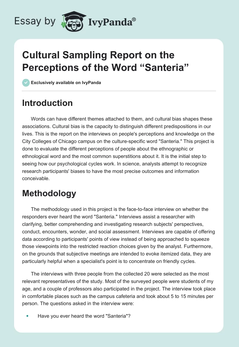 Cultural Sampling Report on the Perceptions of the Word “Santeria”. Page 1