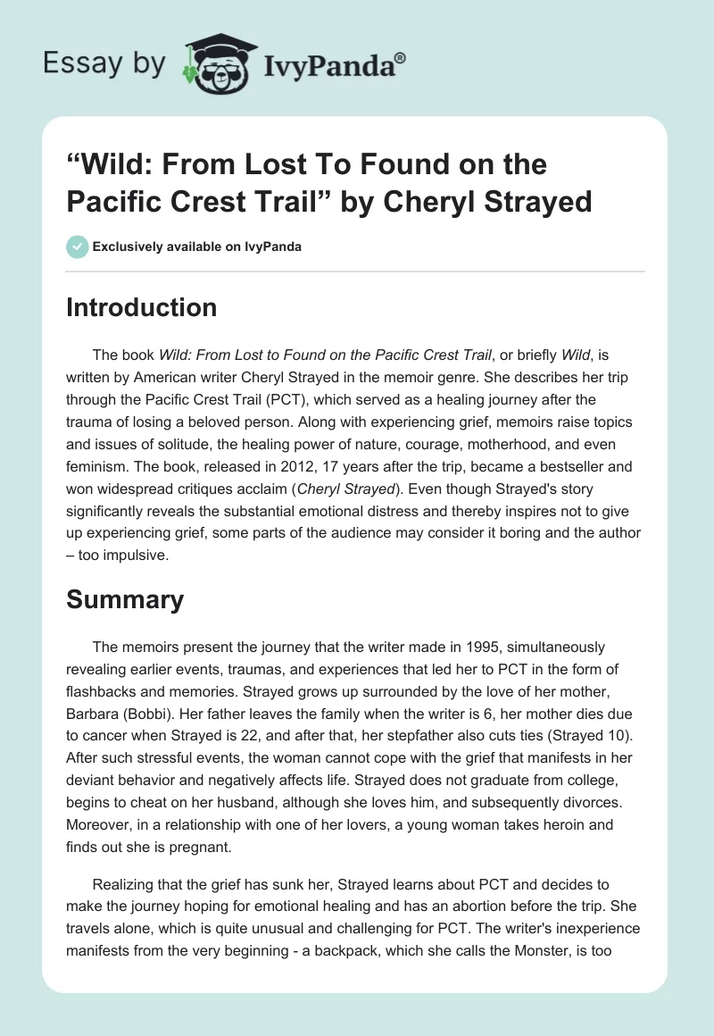 “Wild: From Lost To Found on the Pacific Crest Trail” by Cheryl Strayed. Page 1