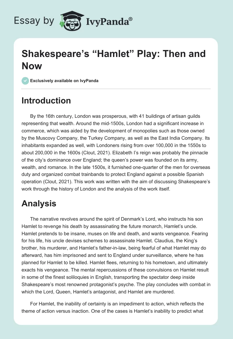 Shakespeare’s “Hamlet” Play: Then and Now. Page 1
