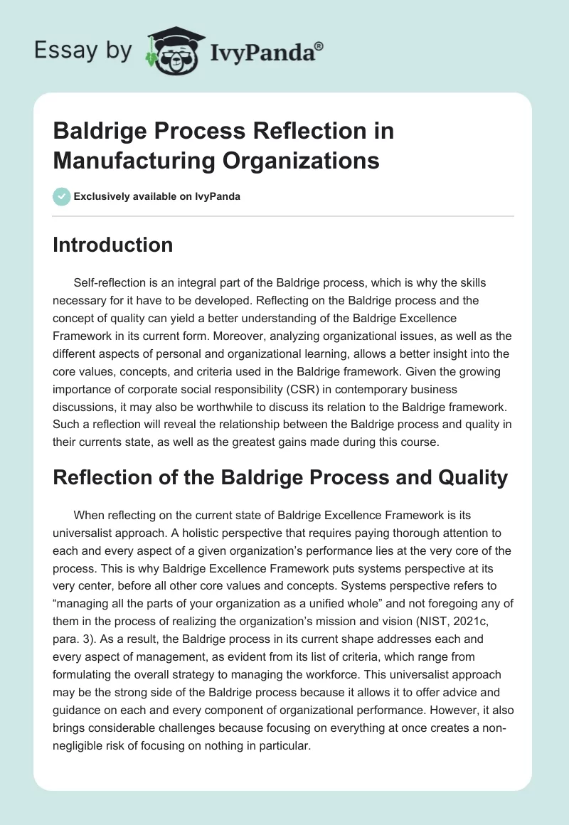 Baldrige Process Reflection in Manufacturing Organizations. Page 1