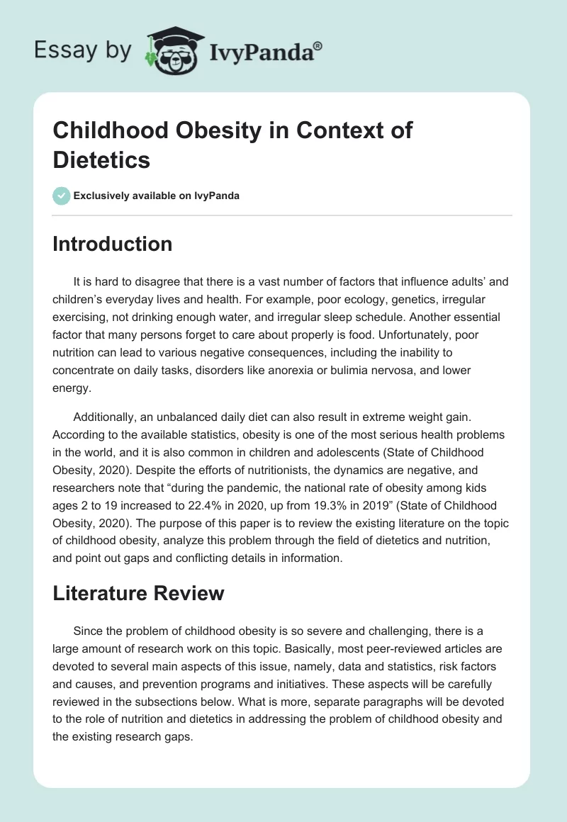 Childhood Obesity in Context of Dietetics. Page 1