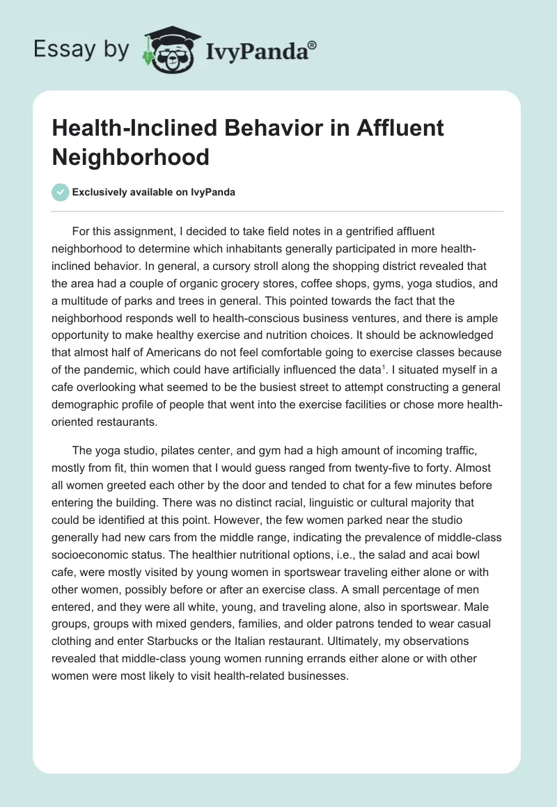 Health-Inclined Behavior in Affluent Neighborhood. Page 1