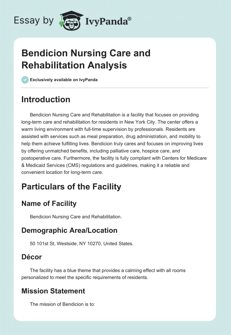 Bendicion Nursing Care and Rehabilitation Analysis. Page 1