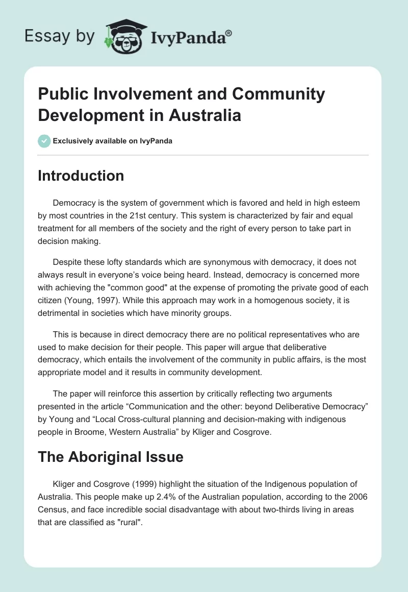 Public Involvement and Community Development in Australia. Page 1