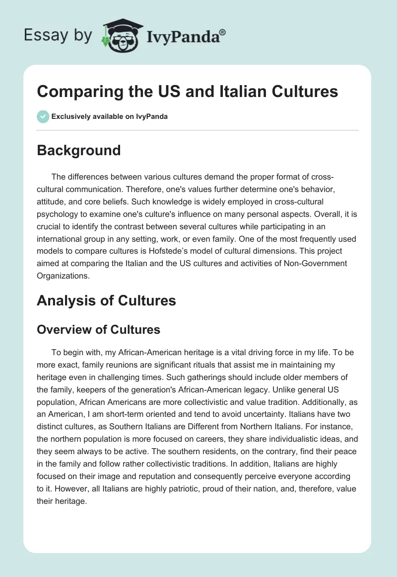 Comparing the US and Italian Cultures. Page 1