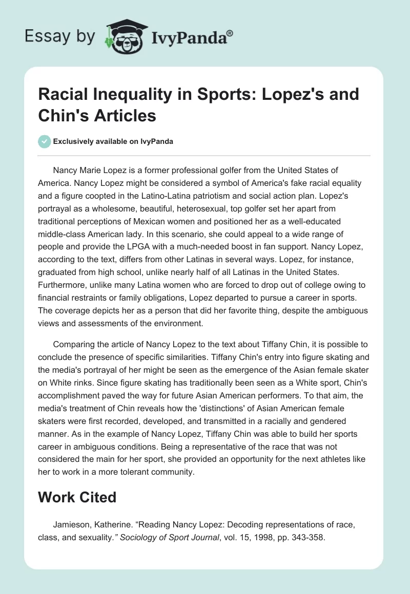 Racial Inequality in Sports: Lopez's and Chin's Articles. Page 1