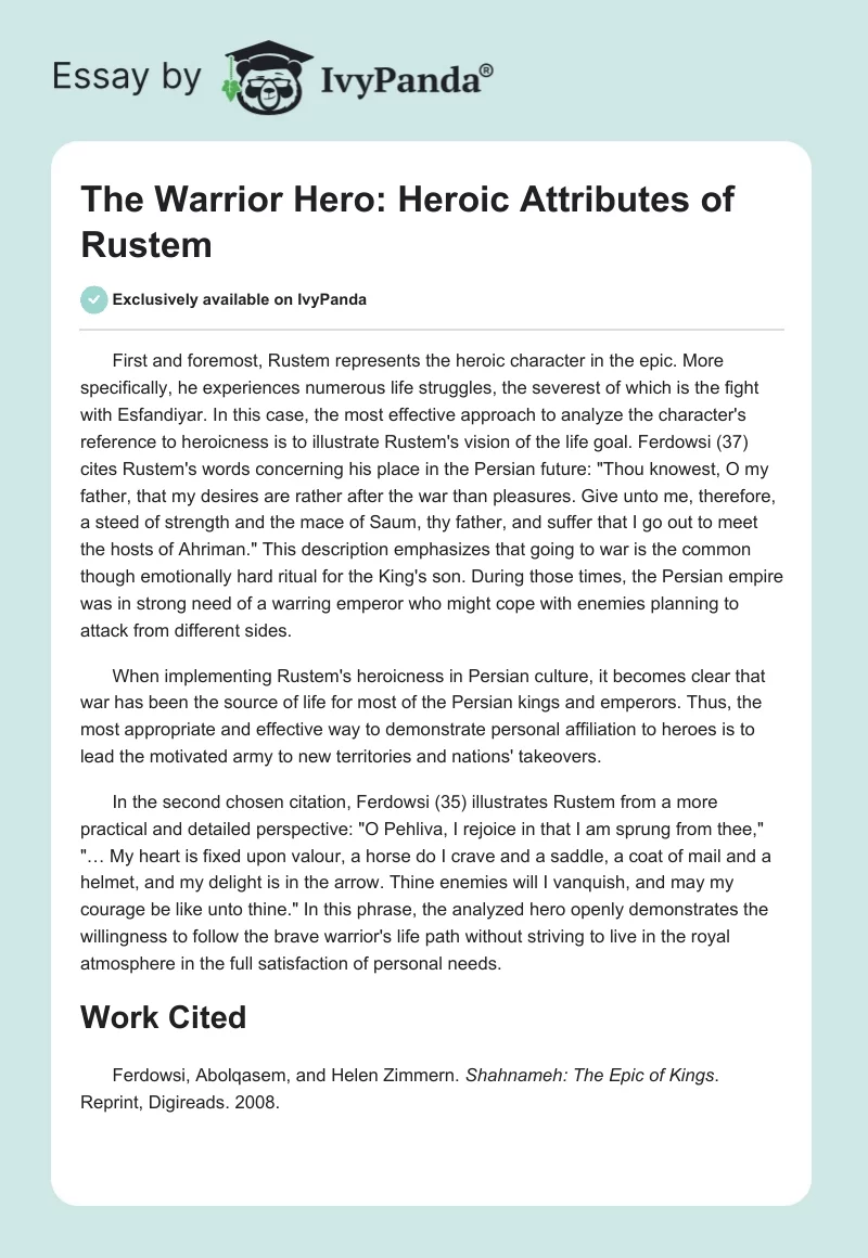 The Warrior Hero: Heroic Attributes of Rustem. Page 1