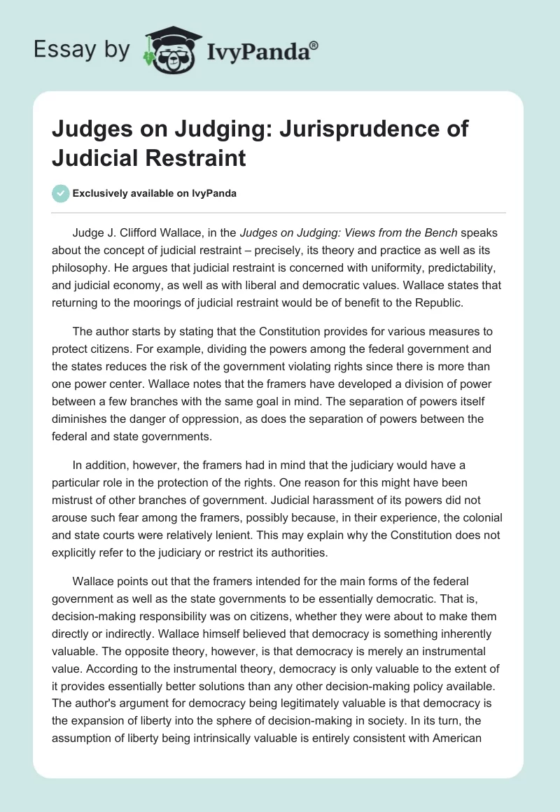 Judges on Judging: Jurisprudence of Judicial Restraint. Page 1