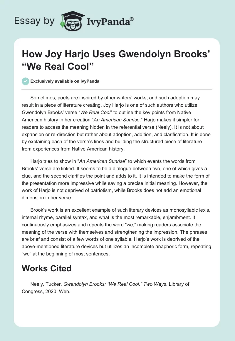 How Joy Harjo Uses Gwendolyn Brooks’ “We Real Cool”. Page 1