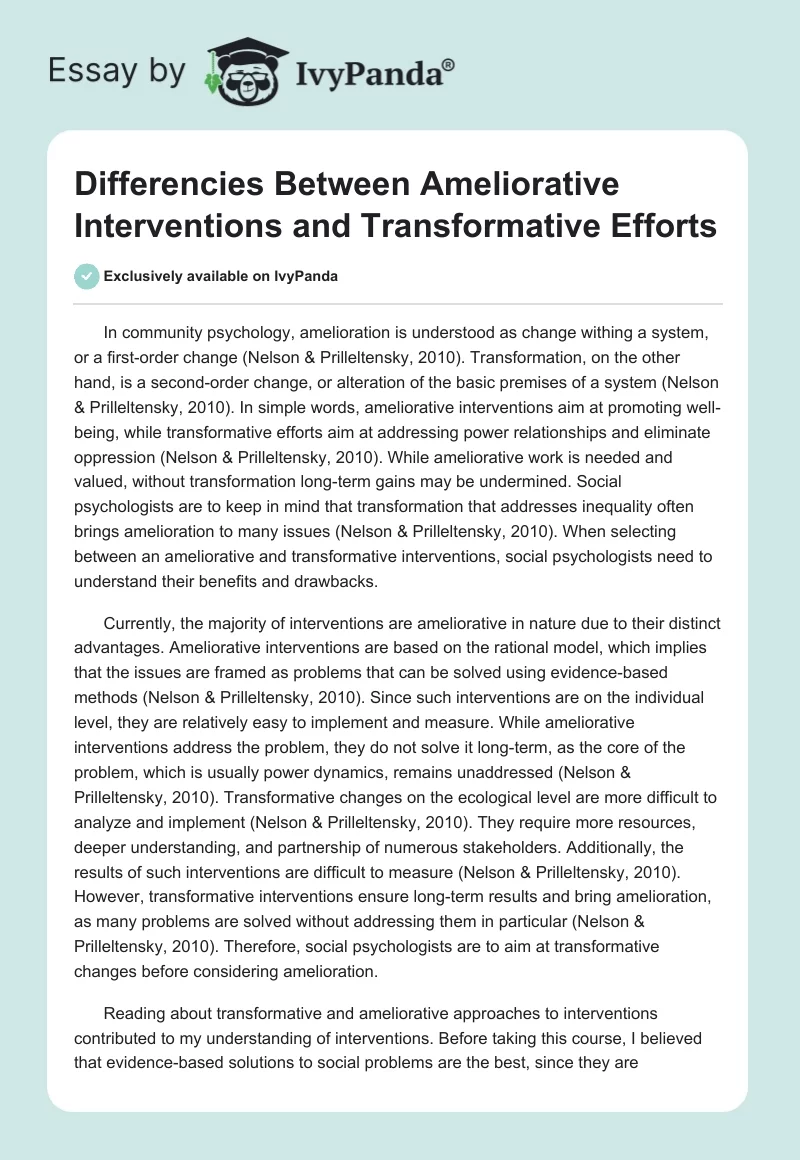 Differencies Between Ameliorative Interventions and Transformative Efforts. Page 1