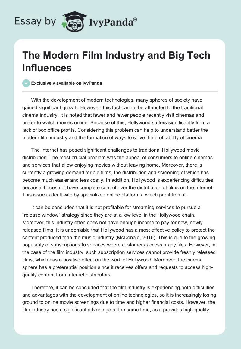 The Modern Film Industry and Big Tech Influences. Page 1