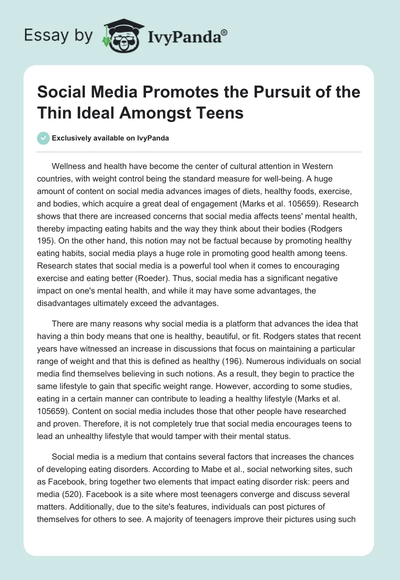 Social Media Promotes the Pursuit of the Thin Ideal Amongst Teens. Page 1