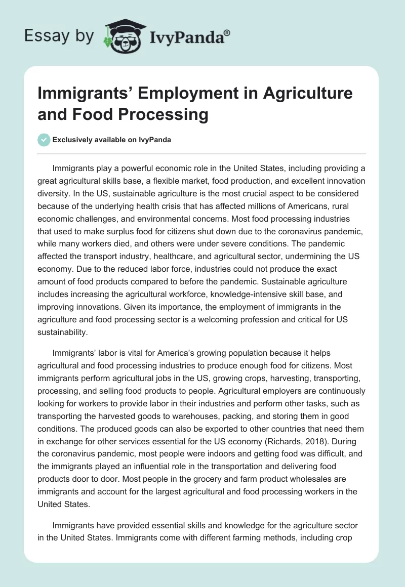 Immigrants’ Employment in Agriculture and Food Processing. Page 1