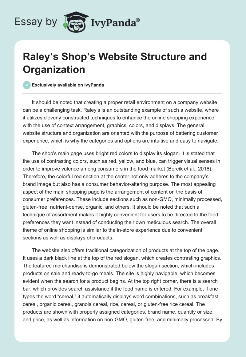 Raley’s Shop’s Website Structure and Organization. Page 1